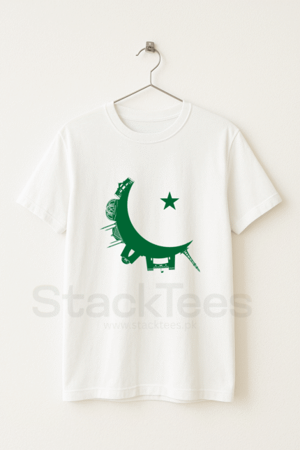 Pakistan Flag Moon T-Shirt White Color Half Sleeves