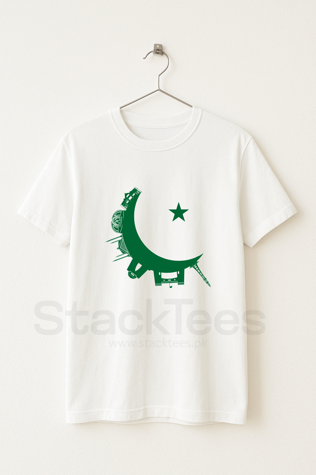Pakistan Flag Moon T-Shirt White Color Half Sleeves
