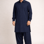 Men Navy Blue Plain Shalwar Kameez