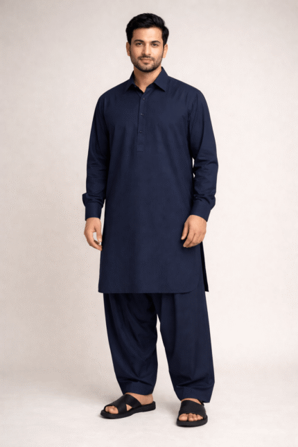 Men Navy Blue Plain Shalwar Kameez