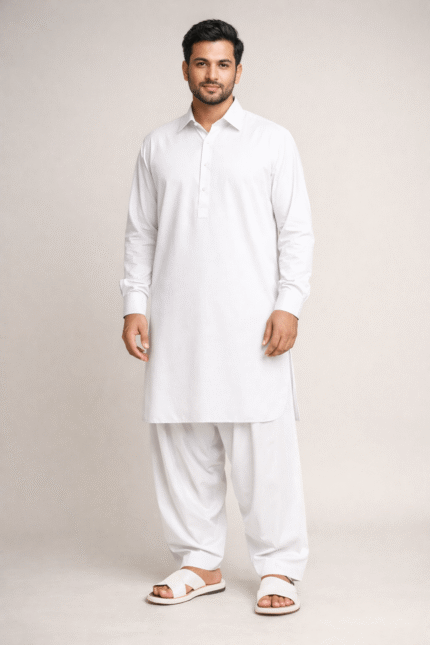 Men White Plain Shirt Collar Shalwar Kameez Pakistani Traditional Dress