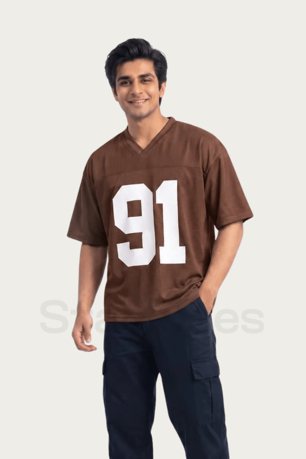 V-Neck 91 Brown Graphic Drop Shoulder T-Shirt