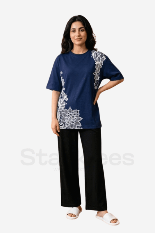 Women’s Navy Blue Printed T-Shirt and Trouser Set – Cotton Jersey Loungewear